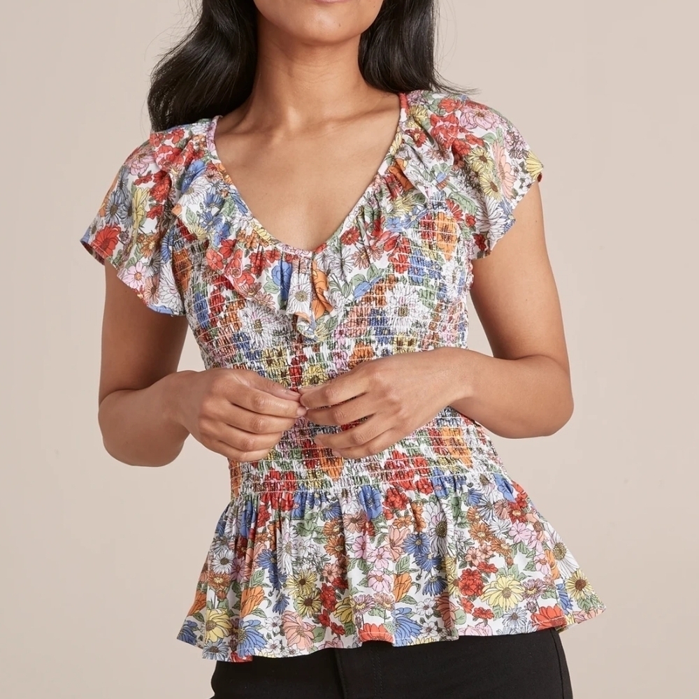 Dannii Minogue Petites 6P Shirred V-Neck Bodice Floral Top Blouse